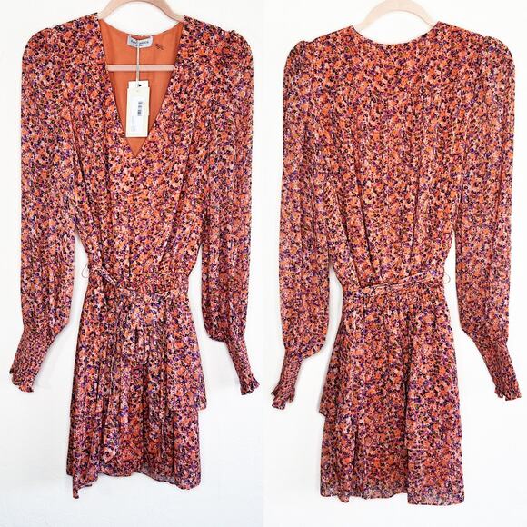NWT Ramy Brook Xian Floral Tiered Tie Waist Long Sleeve Mini Dress Orange Small - Picture 3 of 16